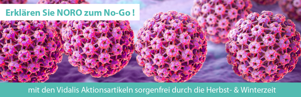 Banner auf dem mehrere pinkfarbene Noroviren abgebildet sind mit Aufschrift "Erklären Sie NORO zum No-Go! Mit den Vidalis Aktionsartikeln sorgenfrei durch die Herbst- & Winterzeit"